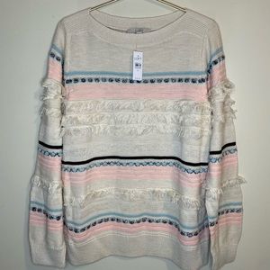NWT LOFT Striped Cotton Fringe Sweater